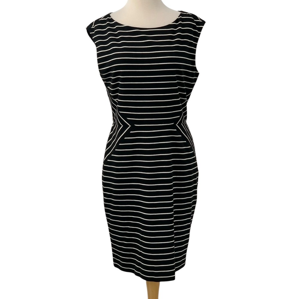 WHBM Women's Sleeveless Midi Sheath Dress Black/White Striped Size 10